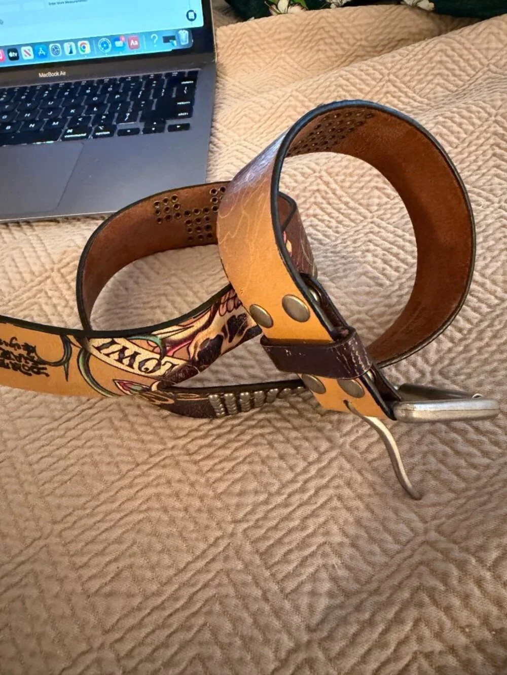 Ed Hardy Womens Studded Tattoo-inspired Belt Size M Brown Leather Casual Y2k